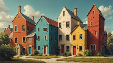 Naklejka premium Colorful houses create a vibrant neighborhood with unique architectural designs