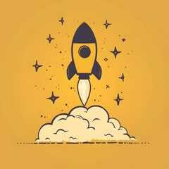 Rocket Launches with Smoke and Stars on Yellow Background