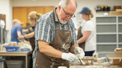 An instructor demonstrating how to glaze ceramic items in a hands-on workshop setting.