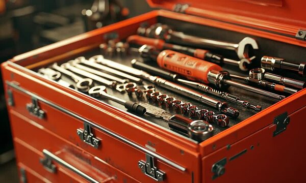 Organized toolbox filled with various hand tools in a workshop setting