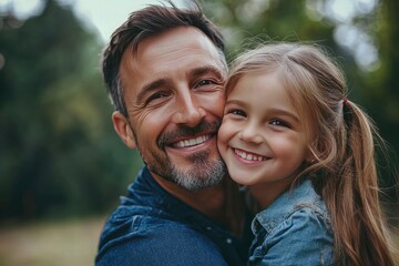 Obraz premium Happy Father and Daughter Embrace Outdoors