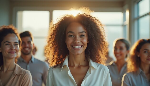 Confident businesswoman leading a diverse team in a modern, sunlit office, radiating professionalism and success with natural smil