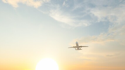 ULTRA HD. Airplane flies in sunset sky. Travel. Airplane takes off against the background of sunset sky. 