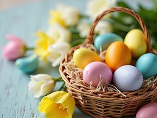 Colorful Easter Eggs in a Basket with Floral Accents