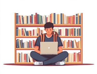 Young man sitting on floor with laptop in library, surrounded by books, focused on his work. atmosphere is calm and studious, perfect for learning and creativity