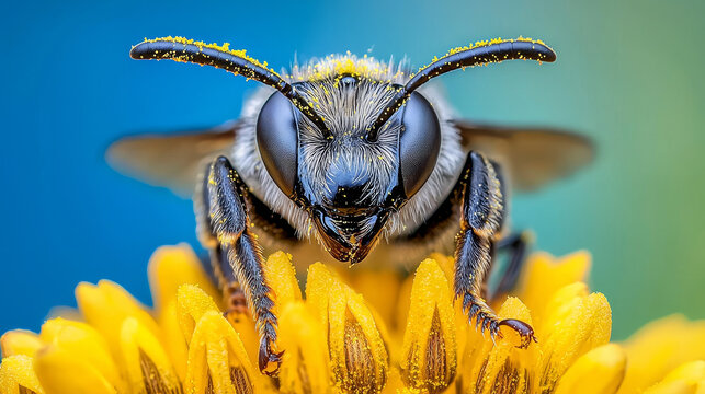 Close-up of a bee covered in pollen, perched on a bright yellow flower