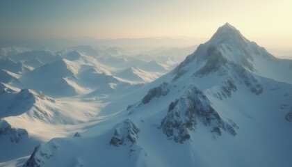 Sweeping vista of towering, snow-covered mountain peaks under a soft, pale morning sky, revealing dramatic shadows and stark, rock