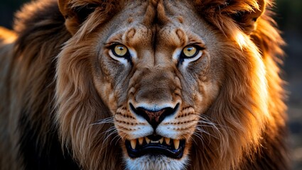 Ferocious lion staring fiercely with bared teeth