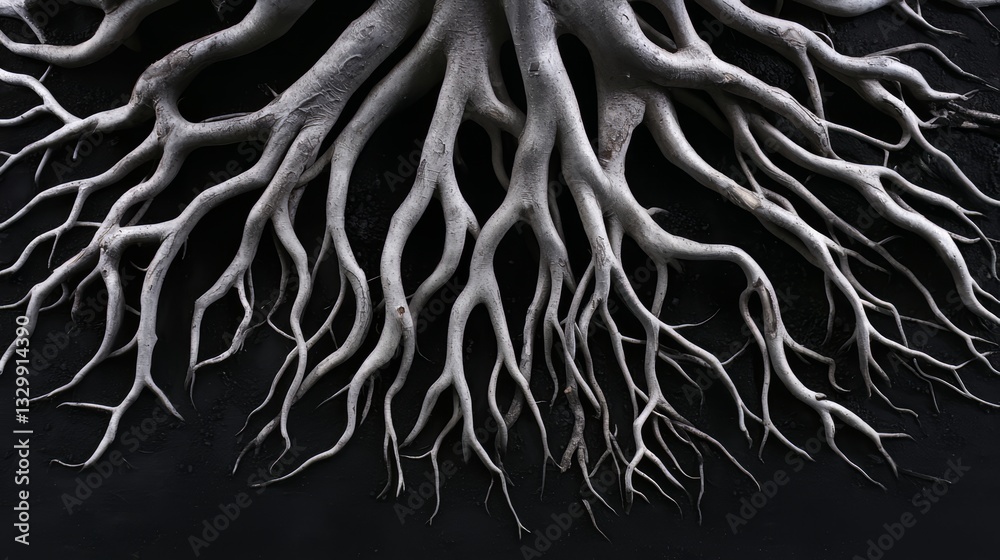 Poster Close up of tree roots with a black background. The roots are very long and thin, and the image has a dark and eerie mood