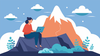 At the base of a majestic mountain a digital nomad sets up their laptop on a large rock connecting to a nearby data cloud for a productive work session amidst nature.. Vector illustration