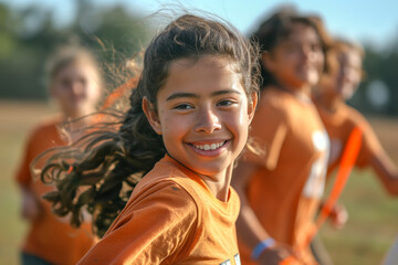 A joyful Hispanic girl, around 10 years old, smiles brightly while running with friends in an outdoor sports setting.