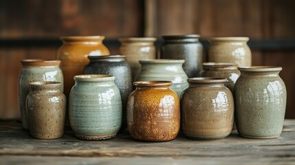 A collection of small ceramic jars with lids, arranged neatly in a kitchen or studio.