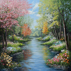 Beautiful spring landscape with river, trees and flowers. Digital painting.