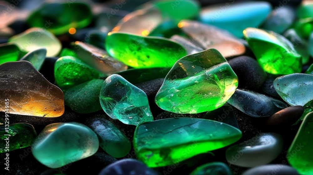 Leinwandbilder collection of green and blue glass stones on a black surface. the stones are of various sizes and sh