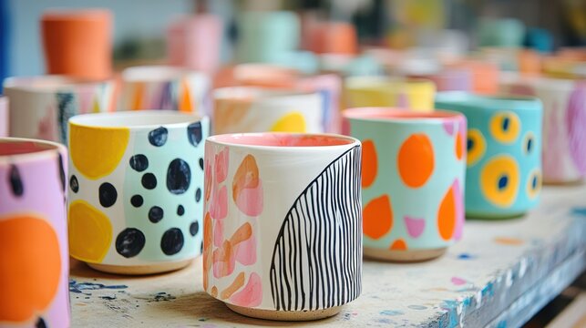 Finished ceramic items drying after being painted with bright, vibrant patterns in a workshop.