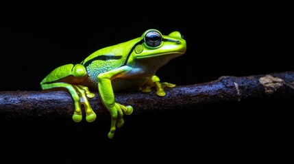 Fototapeta premium Vibrant frog perched on branch jungle gigapixel image lush environment close-up view neon green concept