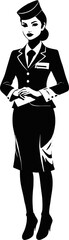 Black and White illustraion Silhouette of a confident female stewardess flight attendant in a tailored suit walking with poise in an urban setting