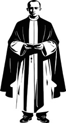 Black and White illustration of a Priest in traditional vestments standing in solemn posture during a religious ceremony