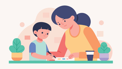 Mother's Day Watercolor Fun: A heartwarming flat color illustration of a mother and child bonding while creating beautiful watercolor art together. Perfect for Mother's Day cards,