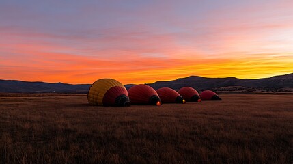 A row of hot air balloons being inflated at dawn