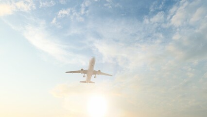 A commercial airplane taking off into the blue sky. Airplane flies in blue sky. Airplane flying across. Travel. Airplane takes off against the background of blue sky. 