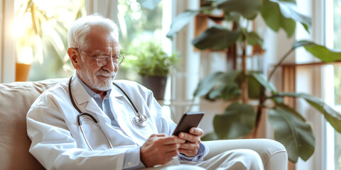 An elderly Caucasian male doctor, dressed in a white coat, smiles while using his smartphone in a bright, plant-filled room.