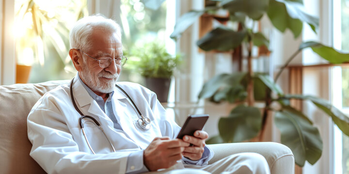 An elderly Caucasian male doctor, dressed in a white coat, smiles while using his smartphone in a bright, plant-filled room. - Powered by Adobe