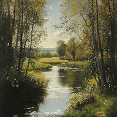 Beautiful spring landscape with river, trees and flowers. Digital painting.