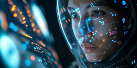 Close-up of a female astronaut with a high-tech helmet displaying digital interfaces and data visuals.