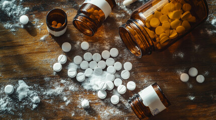 Photo of several bottles of pills scattered on a table