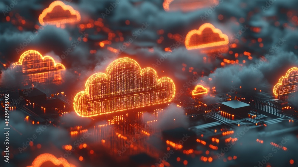 Poster visualizing cloud computing digital realm gigapixel image virtual environment aerial view technology