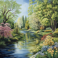Beautiful spring landscape with river, trees and flowers. Digital painting.