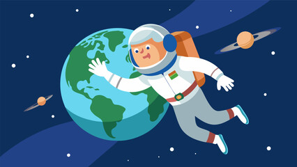 Fototapeta premium A scene of a senior astronaut conducting a spacewalk gracefully floating through the emptiness with the Earth in the background.. Vector illustration