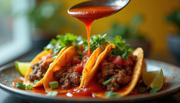 Authentic tacos being drizzled with delicious salsa, garnished with fresh cilantro and lime, arranged on a decorated plate
