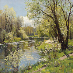 Beautiful spring landscape with river, trees and flowers. Digital painting.