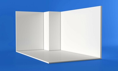 Blank white trade exhibition booth system stand. Trade show booth white and blank. Blank indoor exhibition with work paths