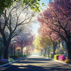 Beautiful view of a street with blooming cherry trees in spring
