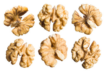 Shelled walnuts isolated on transparent background. PNG Image.