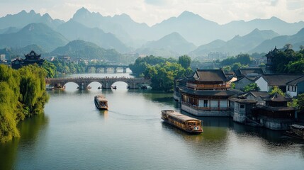 Fototapeta premium Cruising the ancient waterways a gigapixel view of a chinese river adventure