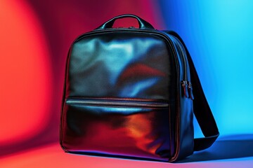 Fototapeta premium A sleek and modern black leather backpack illuminated by vibrant red and blue lighting, showcasing its stylish design and texture against a colorful backdrop.