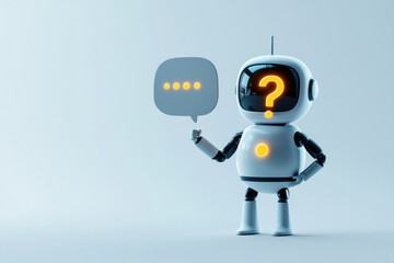 A friendly robot holding a question mark, symbolizing curiosity and communication. isolated on white background.