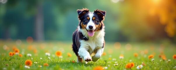 A happy dog running through a vibrant field of flowers in the early evening sunlight.