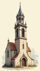 Charming illustration of a classic Gothic-style church with a bell tower.