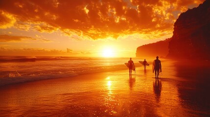 Fototapeta premium Golden sunset beach surfers