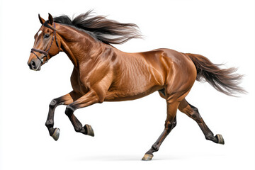 Obraz premium A stunning brown horse galloping with a flowing mane against a white background. isolated on white background.