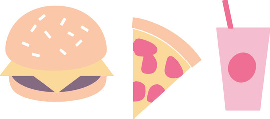 Minimalist flat design fast food icons of burger, pizza slice, and milkshake for restaurant menu and food delivery concepts