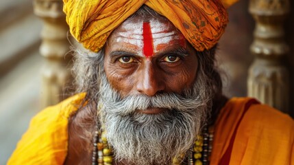 Obraz premium This captivating portrait showcases an elderly man in vibrant yellow attire, embodying deep spirituality and wisdom. His serene expression reflects a rich cultural tradition.