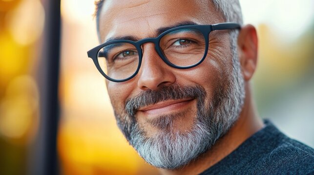 Portrait of happy mature man wearing spectacles and looking at camera outdoor. Man with beard and glasses feeling confident. Close up face of hispanic business man smiling.