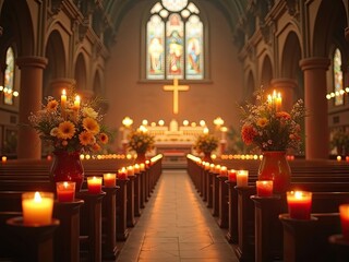 Serene Church Interior with Lit Candles and Floral Arrangements