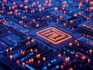 Obraz premium A vibrant circuit board with glowing elements, showcasing the intricate digital of technology and innovation.